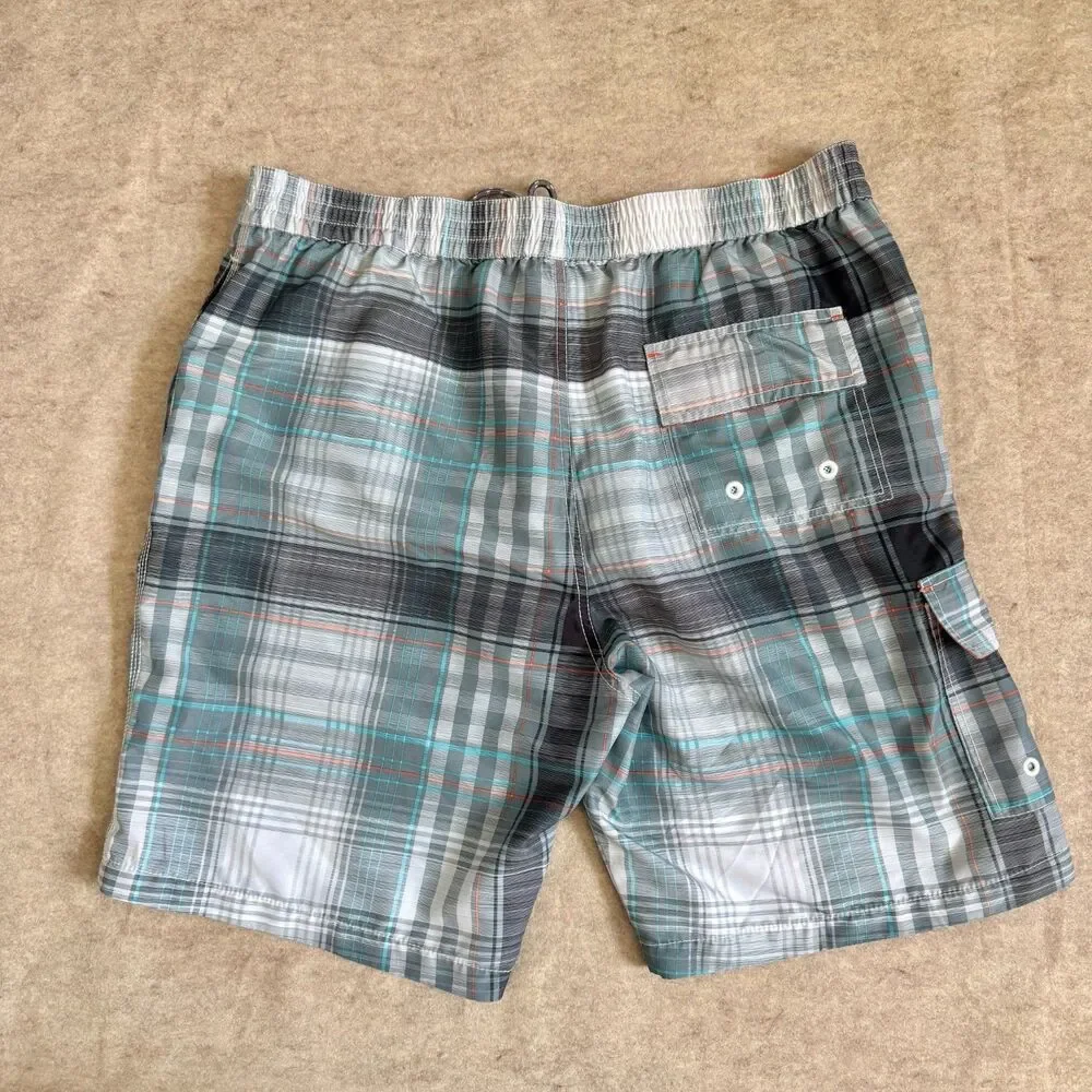Tommy Bahama swim trunks mens L gray green plaid drawstring pocket lined beach